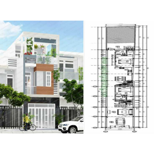 Mẫu nhà phố 1 trệt 1 lầu 1 tum phong cách hiện đại