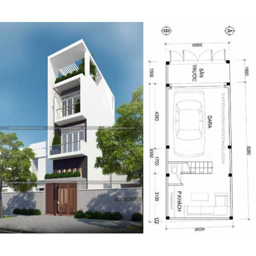Phối cảnh mẫu nhà phố 5 tầng đẹp 4 phòng ngủ 1 gara