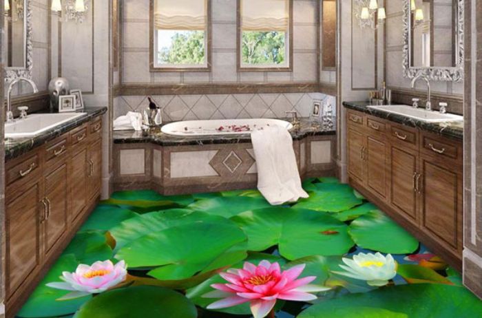 Hình ảnh hồ sen tạo không gian sang trọng, thanh tịnh cho nhà tắm của gia đình