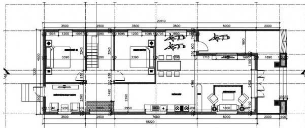 Mặt bằng tầng 1 nhà cấp 4 mái tôn có gác lửng 7x20m2