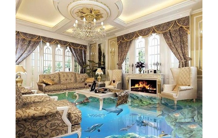 Mẫu gạch 3D lát nền phòng khách với chủ đề biển cả