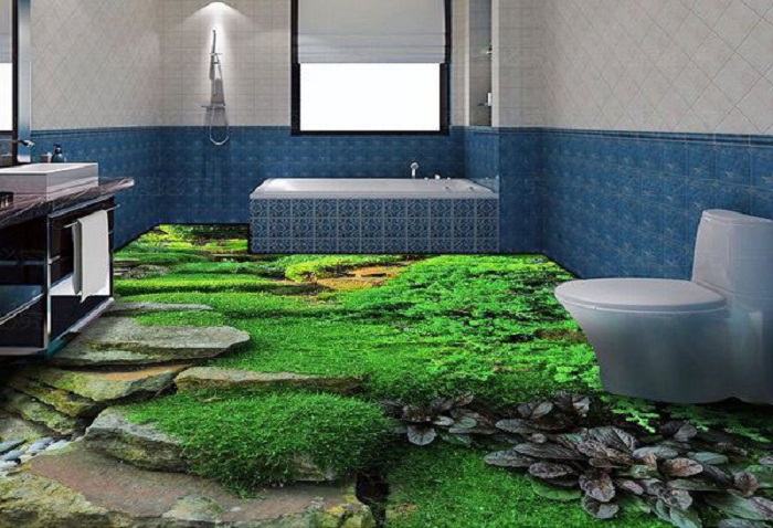 Phòng tắm như biến thành khu vườn với những thảm cỏ xanh mát 