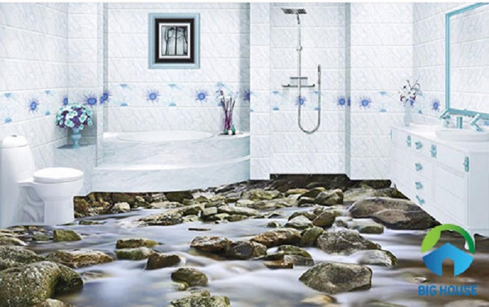 Hay bộ gạch lát nền nhà tắm 3D với các chi tiết sỏi đá sẽ gây giật mình sợ sẽ giẫm phải sỏi thật cho mọi người