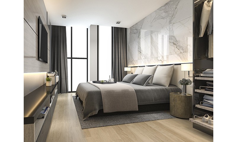 Phòng ngủ cũng là một không gian lý tưởng để sử dụng gạch màu xám trắng