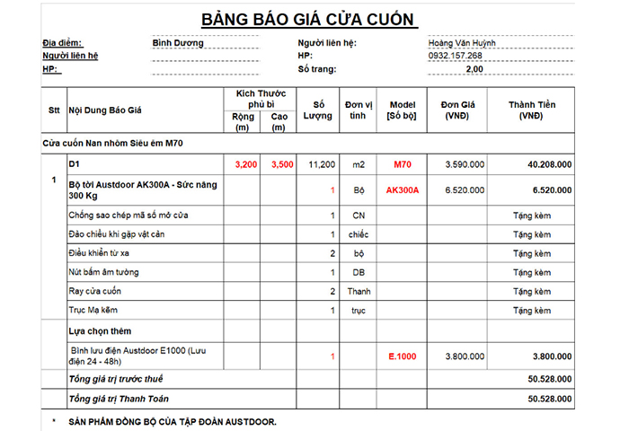 Báo giá cửa cuốn austdoor m70
