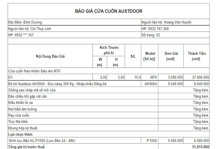 Phương pháp báo giá cửa cuốn austdoor m70