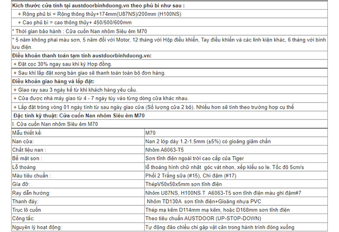 Báo giá chi tiết cửa cuốn austdoor m70