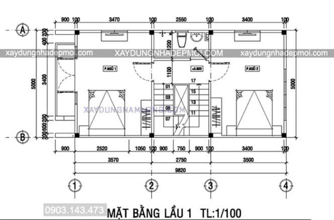 Mặt bằng bản vẽ lầu 1 nhà phố 5x16m2