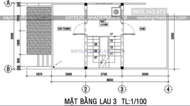 Mặt bằng bản vẽ lầu 3 thiết kế nhà phố diện tích 5×16