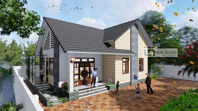 Phối cảnh 3d mặt ngoài nhà vườn 1 tầng