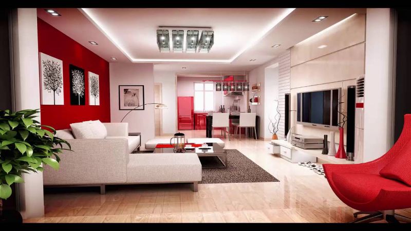 Cách bài trí nội thất, sử dụng màu trắng pha với đỏ hài hòa cho phòng khách hiện đại