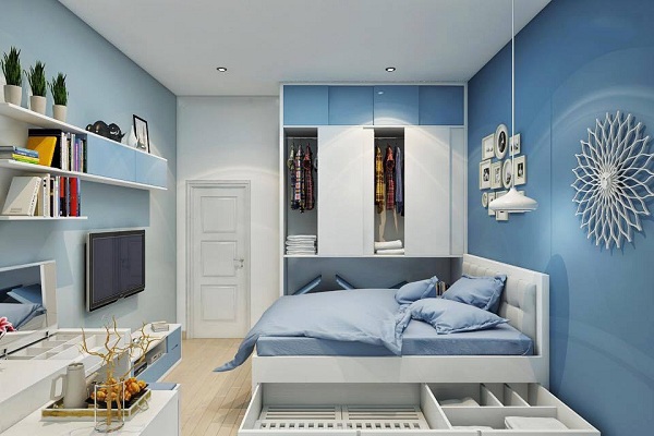 Phòng ngủ lấy tông màu xanh dương chủ đạo