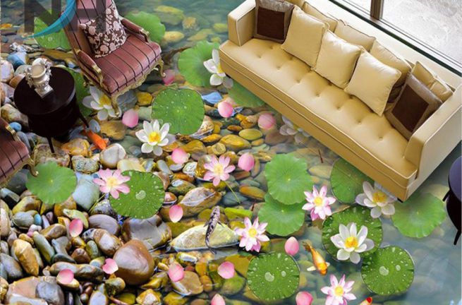 gạch lát nền 3d phòng khách chủ đề hoa