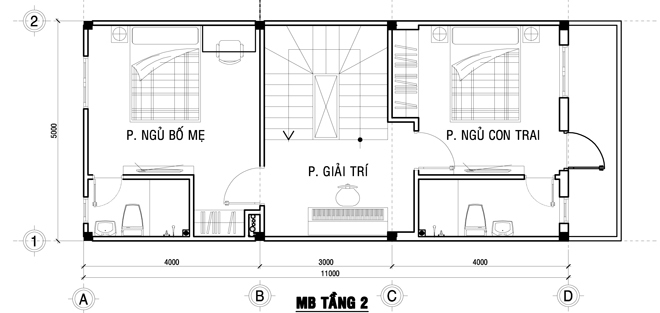 Bản vẽ mặt bằng tầng 2 nhà 3 tầng 75m2