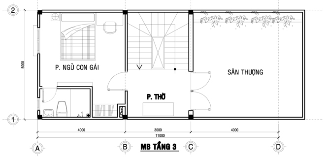 Bản vẽ mặt bằng tầng 3 nhà 3 tầng 75m2