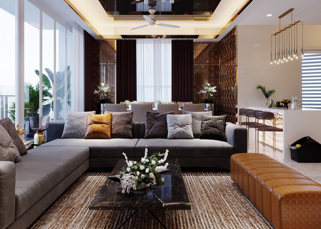 Nội thất phòng khách căn nhà 3 tầng đẹp 7x10m