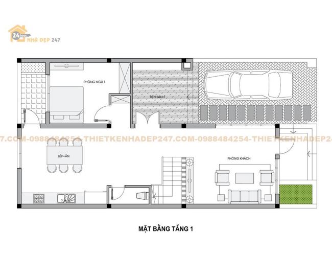 Bản vẽ mặt bằng tầng 1 căn nhà 3 tầng 8x13m