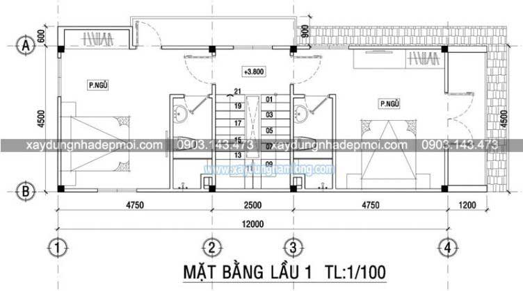Bản vẽ mặt bằng căn nhà phố 3 tầng mái thái - Hình 2