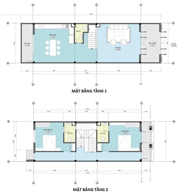 Bản vẽ mặt bằng tầng 1 và 2 nhà 3 tầng mái thái 80m2