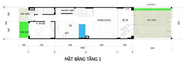Mặt bằng tầng 1 nhà 3 tầng có giếng trời
