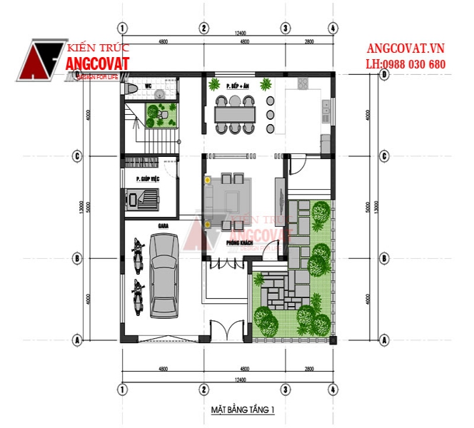 Mặt bằng tầng 1 nhà 3 tầng mái thái 120m2