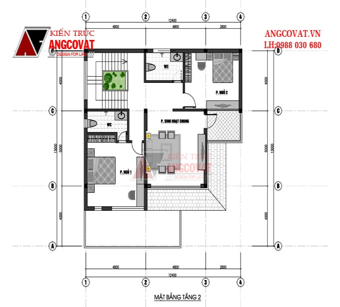 Mặt bằng tầng 2 nhà 3 tầng mái thái 120m2