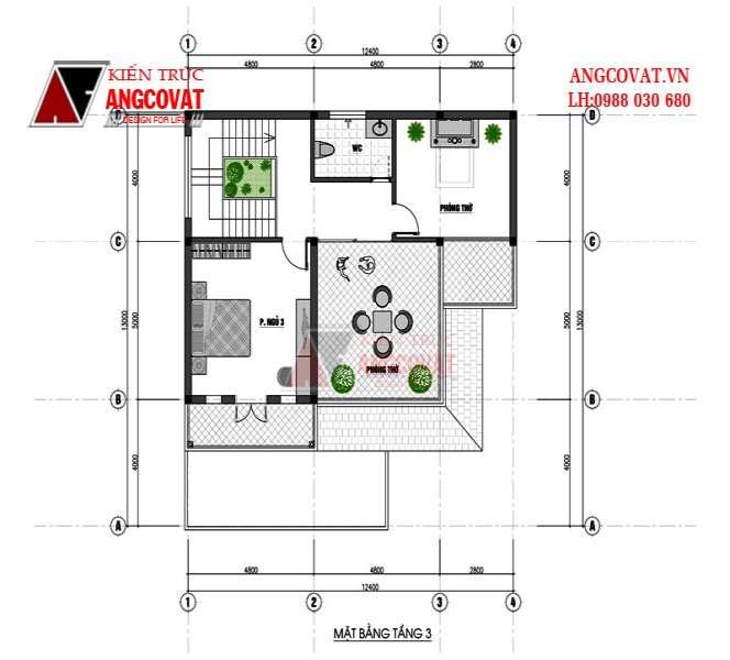Mặt bằng tầng 3 nhà 3 tầng mái thái 120m2