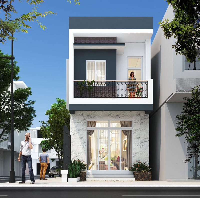 Phối màu sơn trắng ngọc và xám ghi cho mặt tiền nhà ống 2 tầng
