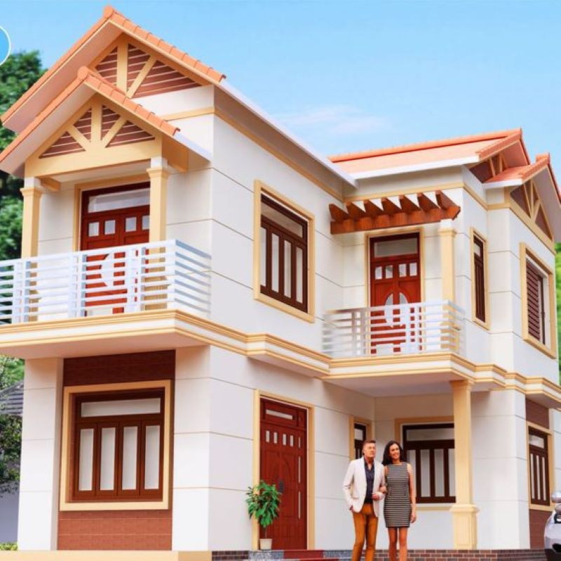 Sơn nhà màu vàng kem nhạt phối nâu đậm